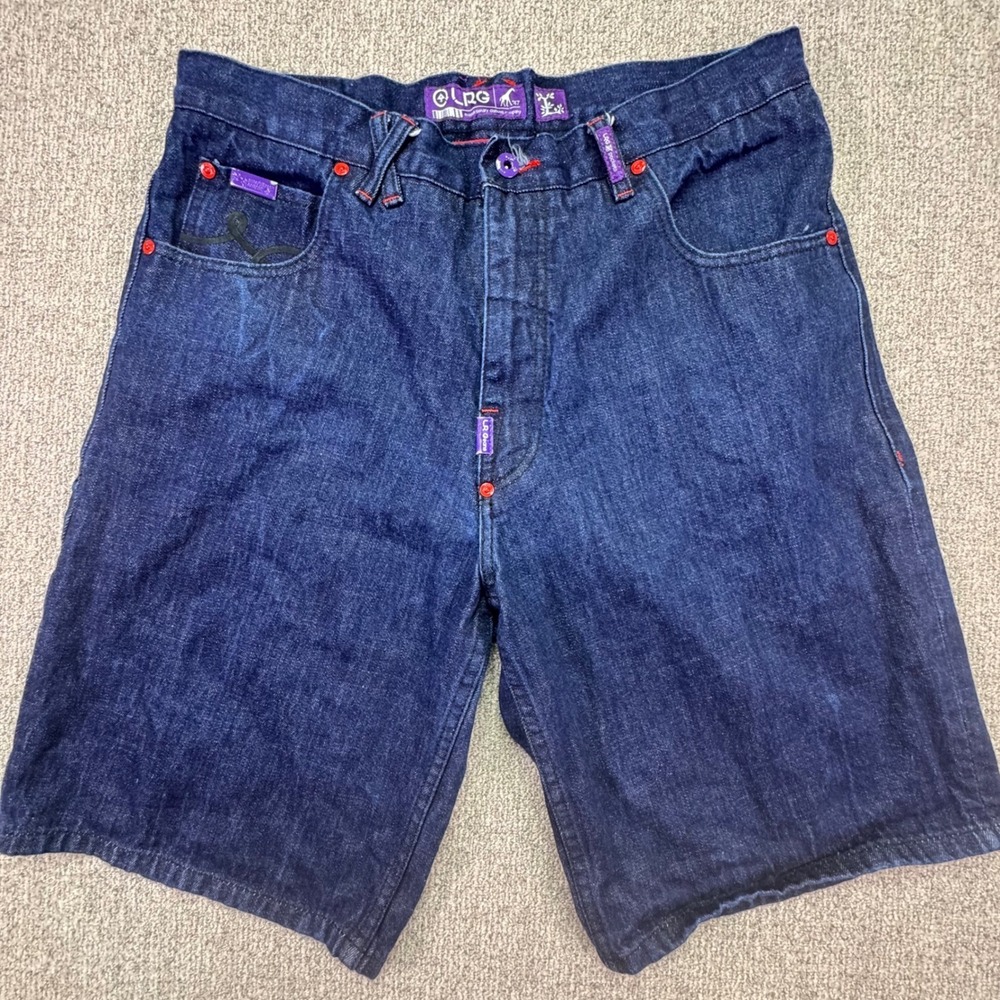 Vintage Y2K LRG Denim Shorts Mens Size 34 Embroidered Dark Wash Baggy Streetwear